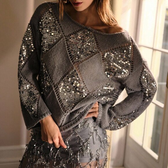 Grey Party Women's Premium Elegant Sequin Rhombus Hollow Boat Neck Sweater - Picture 6 of 7